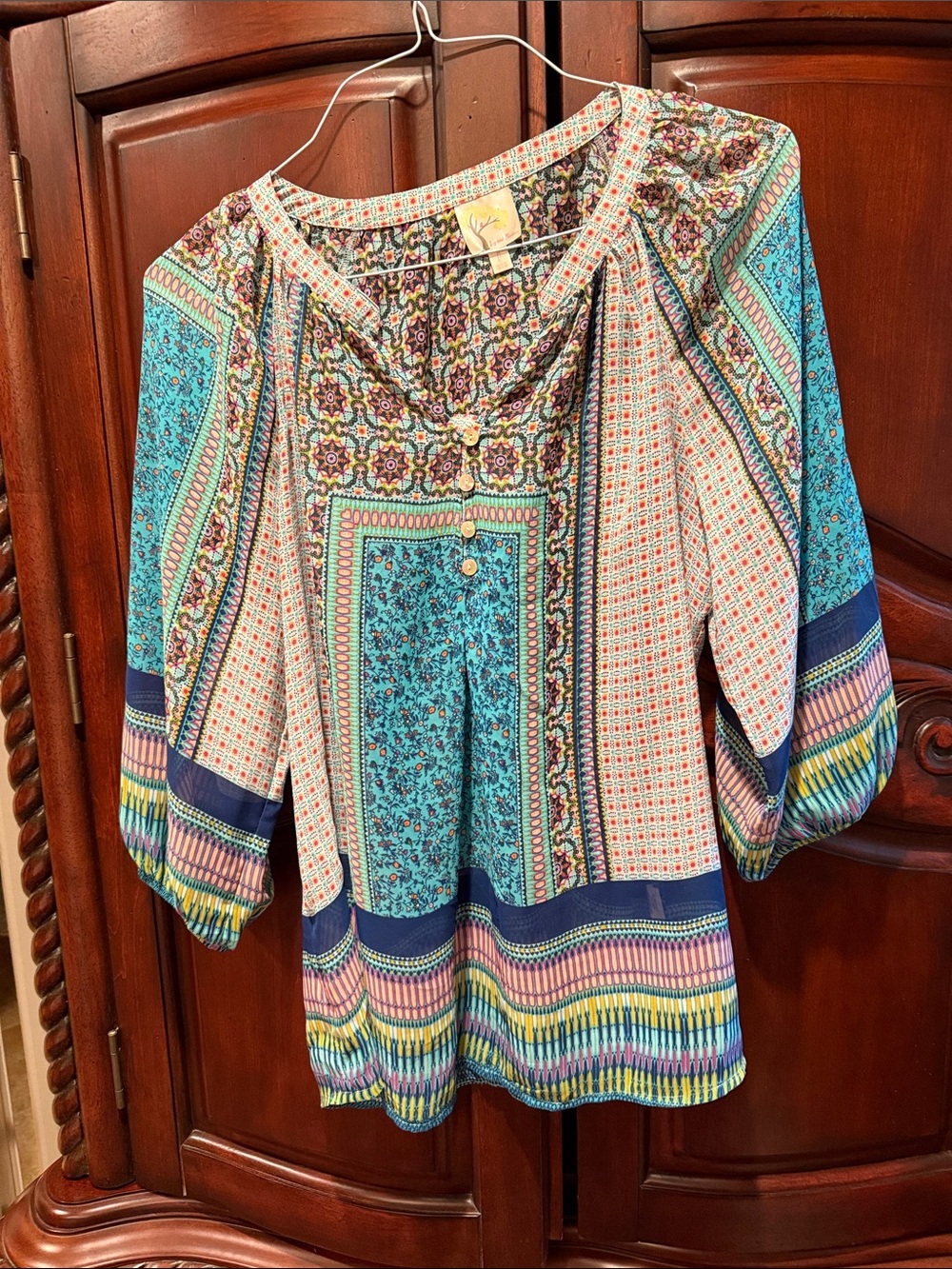 Boho Printed Peasant Blouse in Turquoise & Navy